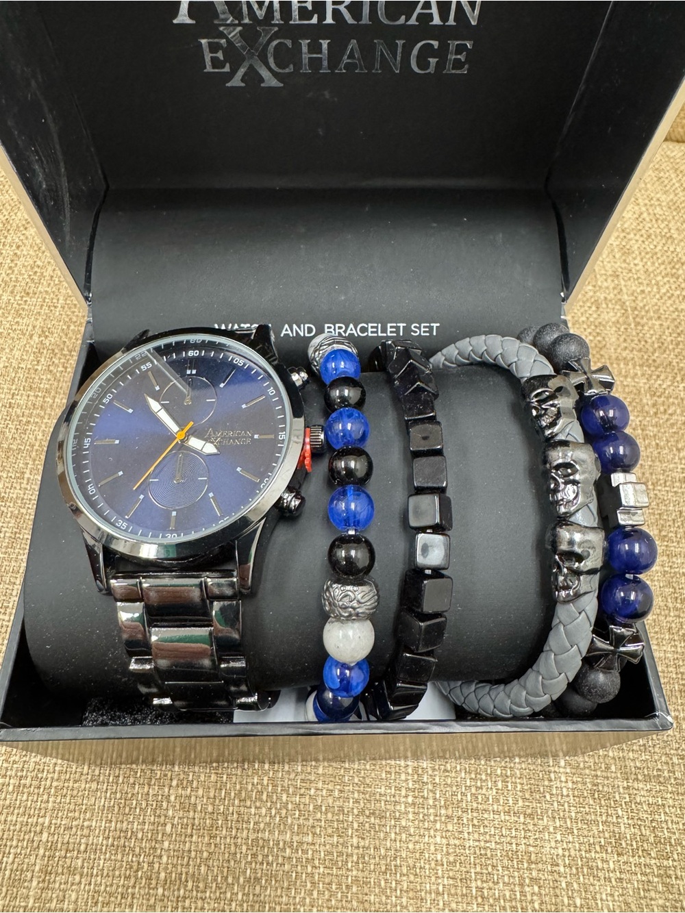 American Exchange Men’s Quartz Watch Blue Dial Black Bracelet Set Box